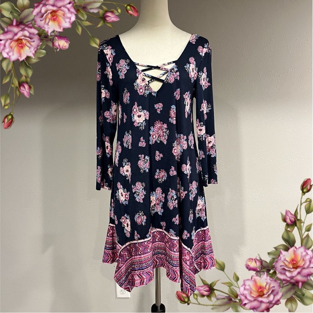 Long sleeve asymmetrical‎ deep v-neck floral navy dress size M Medium